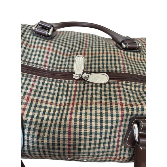 Diane von Furstenberg Large Plaid Weekender Tote Bag 20" Brown Green Red - Picture 8 of 13
